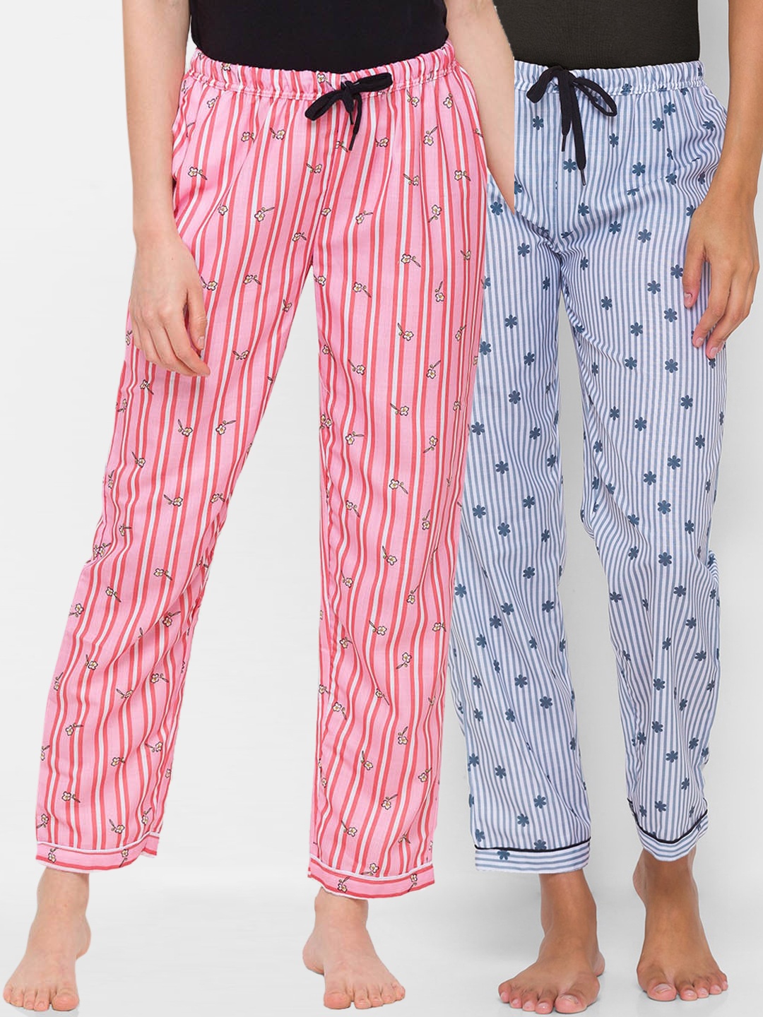 

FashionRack Women Pack Of 2 Grey & Pink Striped Regular Fit Cotton Lounge Pants