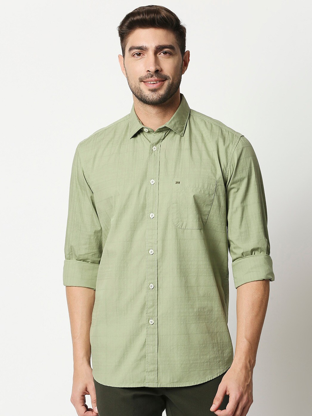 

Basics Men Green Slim Fit Pure Cotton Casual Shirt