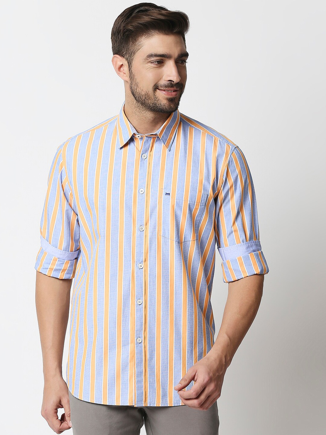 

Basics Men Orange Slim Fit Striped Cotton Casual Shirt