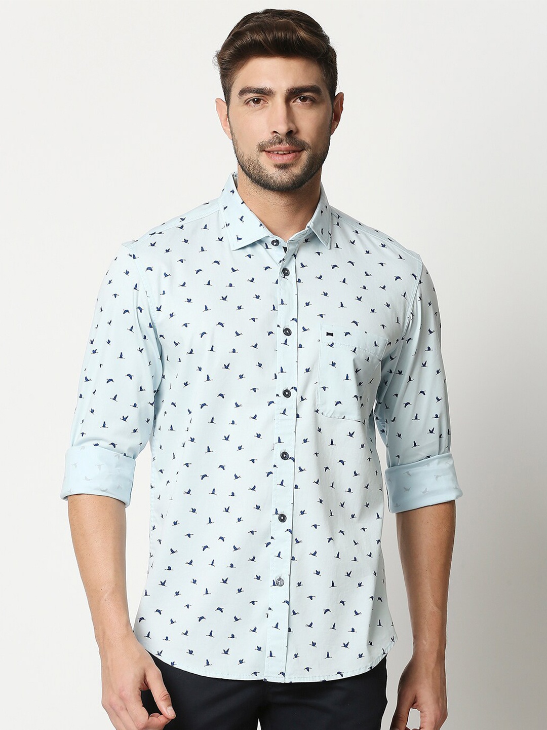 

Basics Men Sea Green Slim Fit Printed Casual Shirt