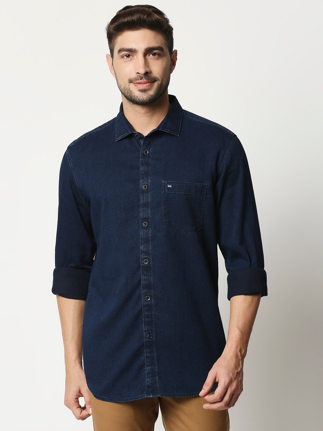 

Basics Men Blue Slim Fit Pure Cotton Casual Shirt