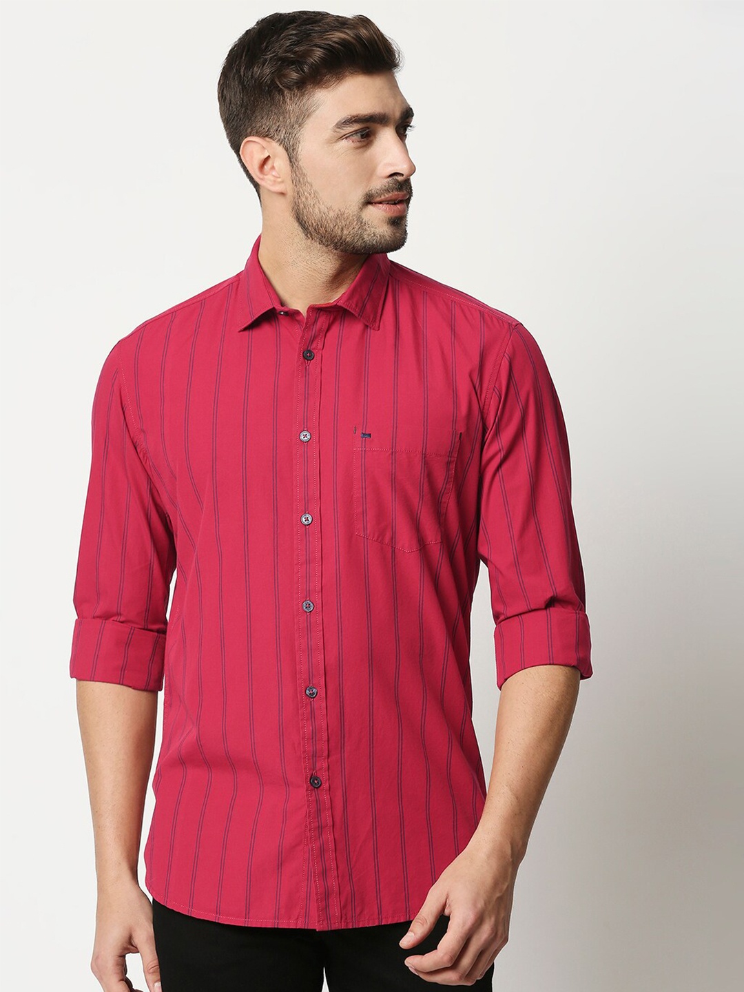 

Basics Men Red & Blue Slim Fit Striped Pure Cotton Casual Shirt