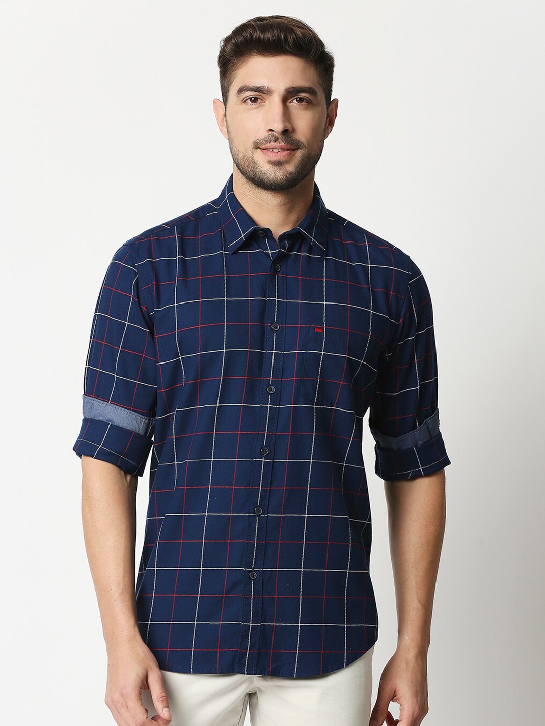 

Basics Men Navy Blue Slim Fit Checked Pure Cotton Casual Shirt