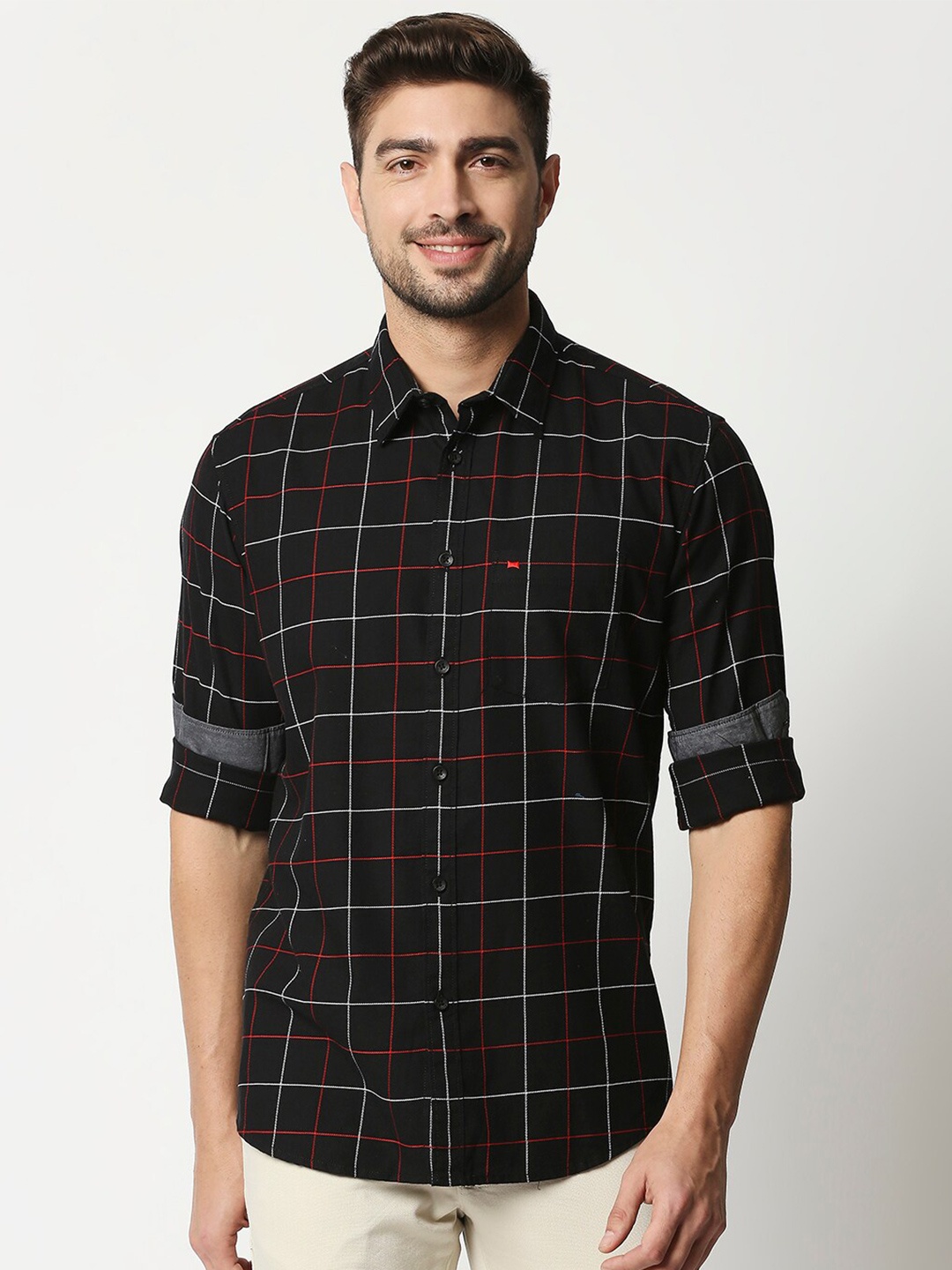 

Basics Men Black Slim Fit Windowpane Checks Checked Casual Shirt