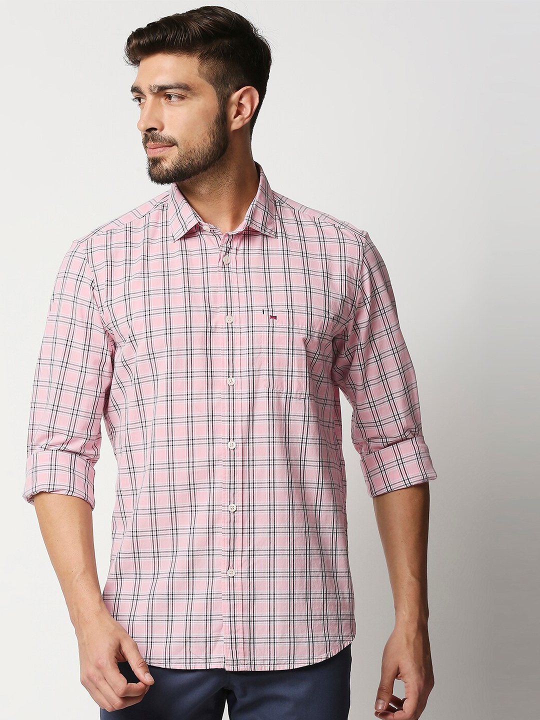 

Basics Men Pink & Blue Slim Fit Tartan Checks Checked Pure Cotton Casual Shirt