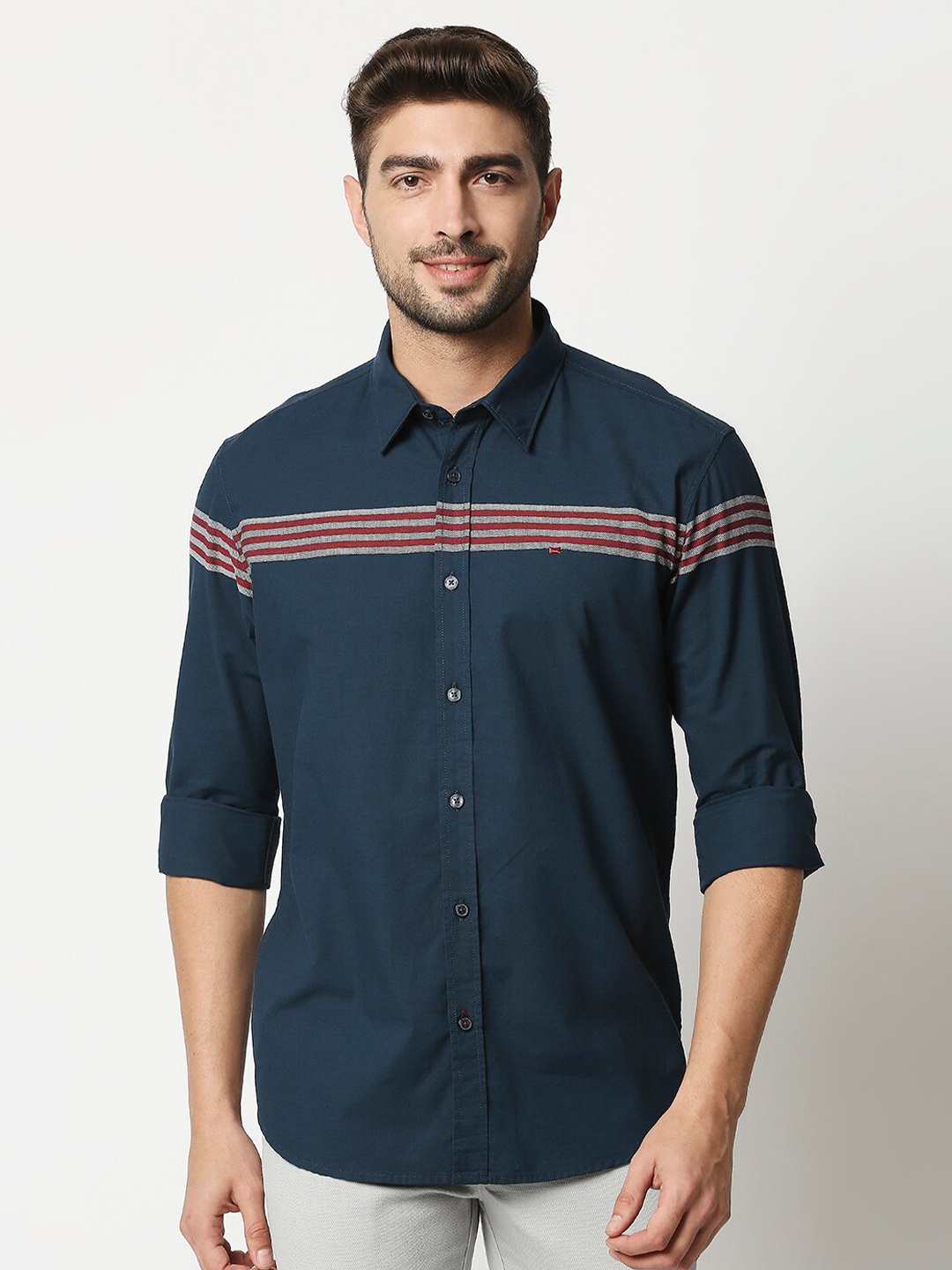 

Basics Men Navy Blue Slim Fit Horizontal Striped Pure Cotton Casual Shirt