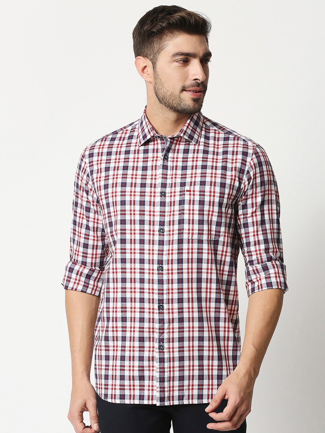 

Basics Men White Slim Fit Tartan Checked Pure Cotton Casual Shirt