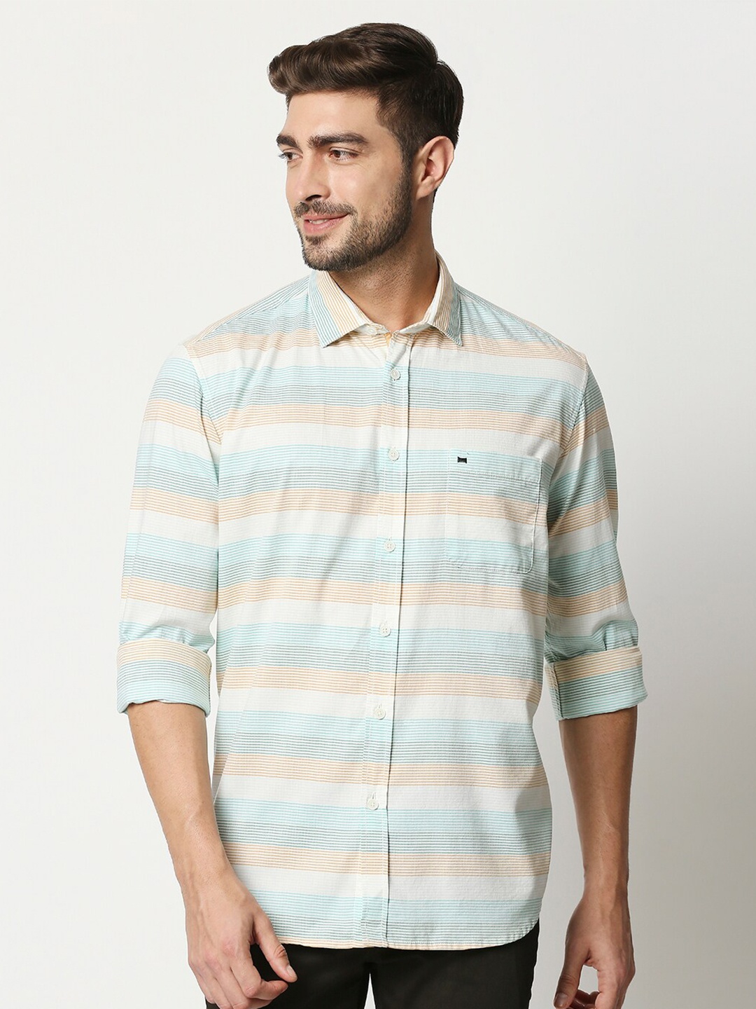 

Basics Men Green Slim Fit Horizontal Striped Cotton Casual Shirt