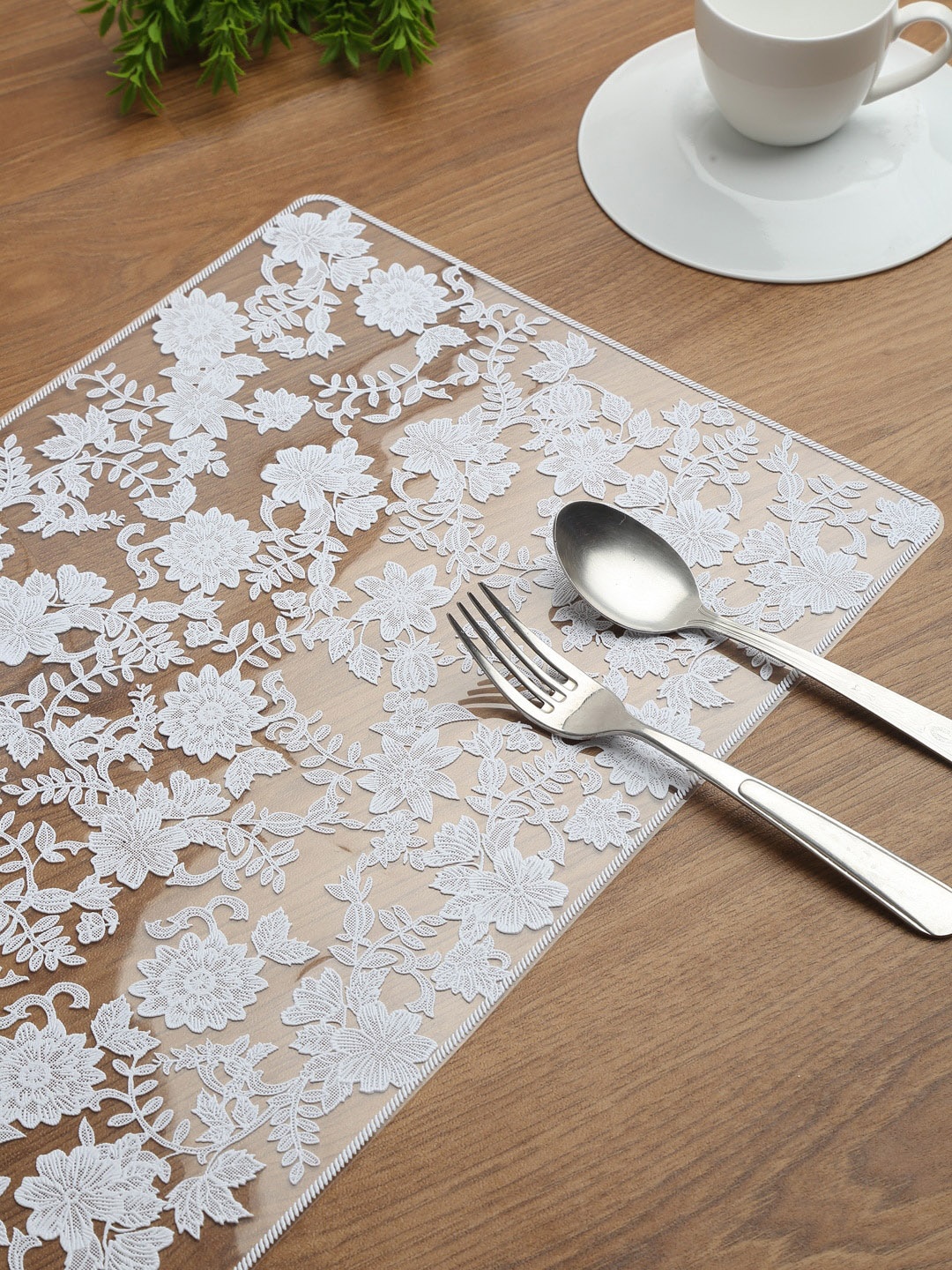 

HOSTA HOMES White & Transparent Set of 6 Floral Design Rectangular Table Placemats