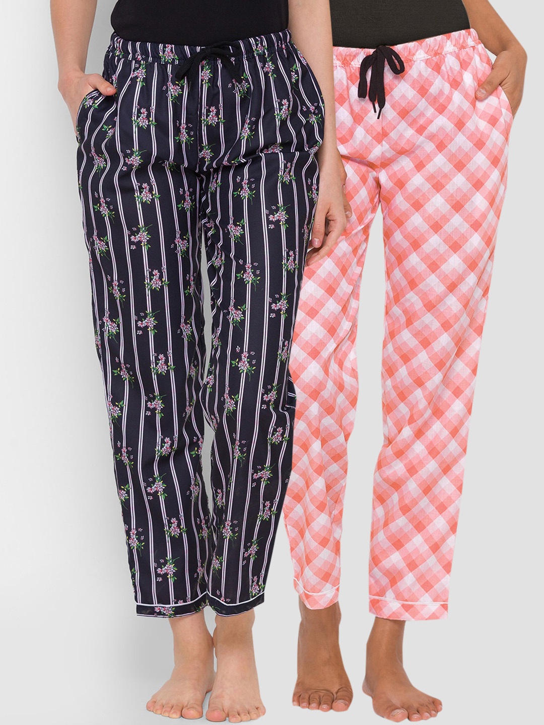 

FashionRack Women Pack of 2 Pink & Navy Blue Mid Rise Cotton Lounge Pants
