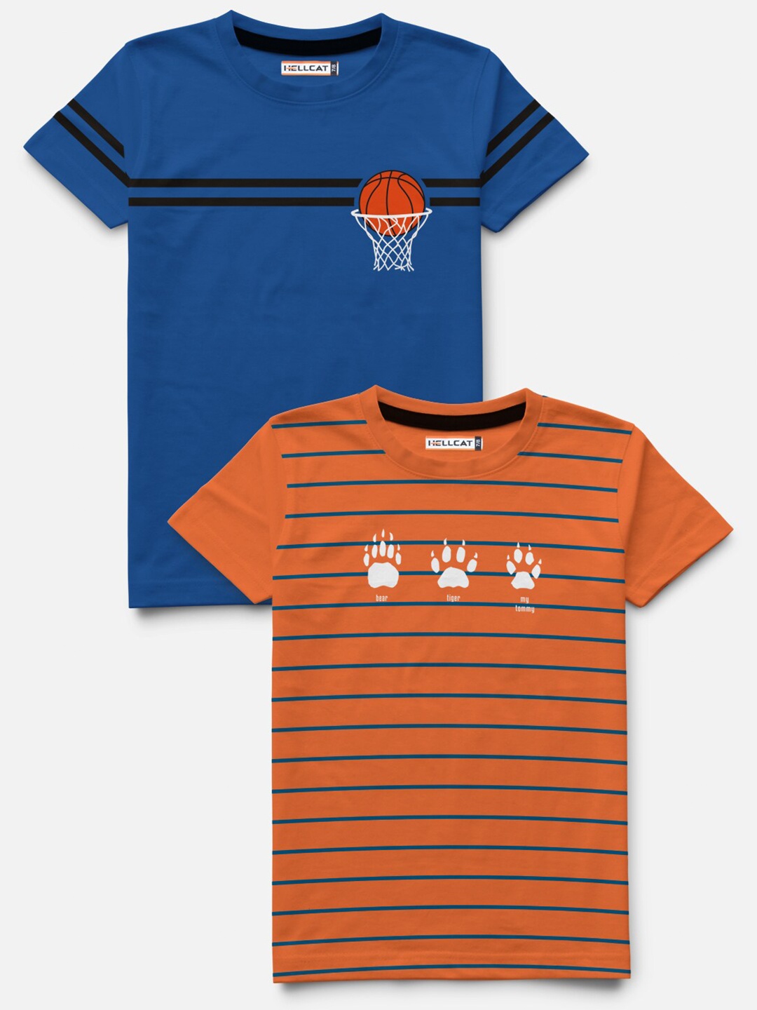 

HELLCAT Boys Orange & Blue Set Of 2 Striped Bio Finish Regular Fit T-shirt