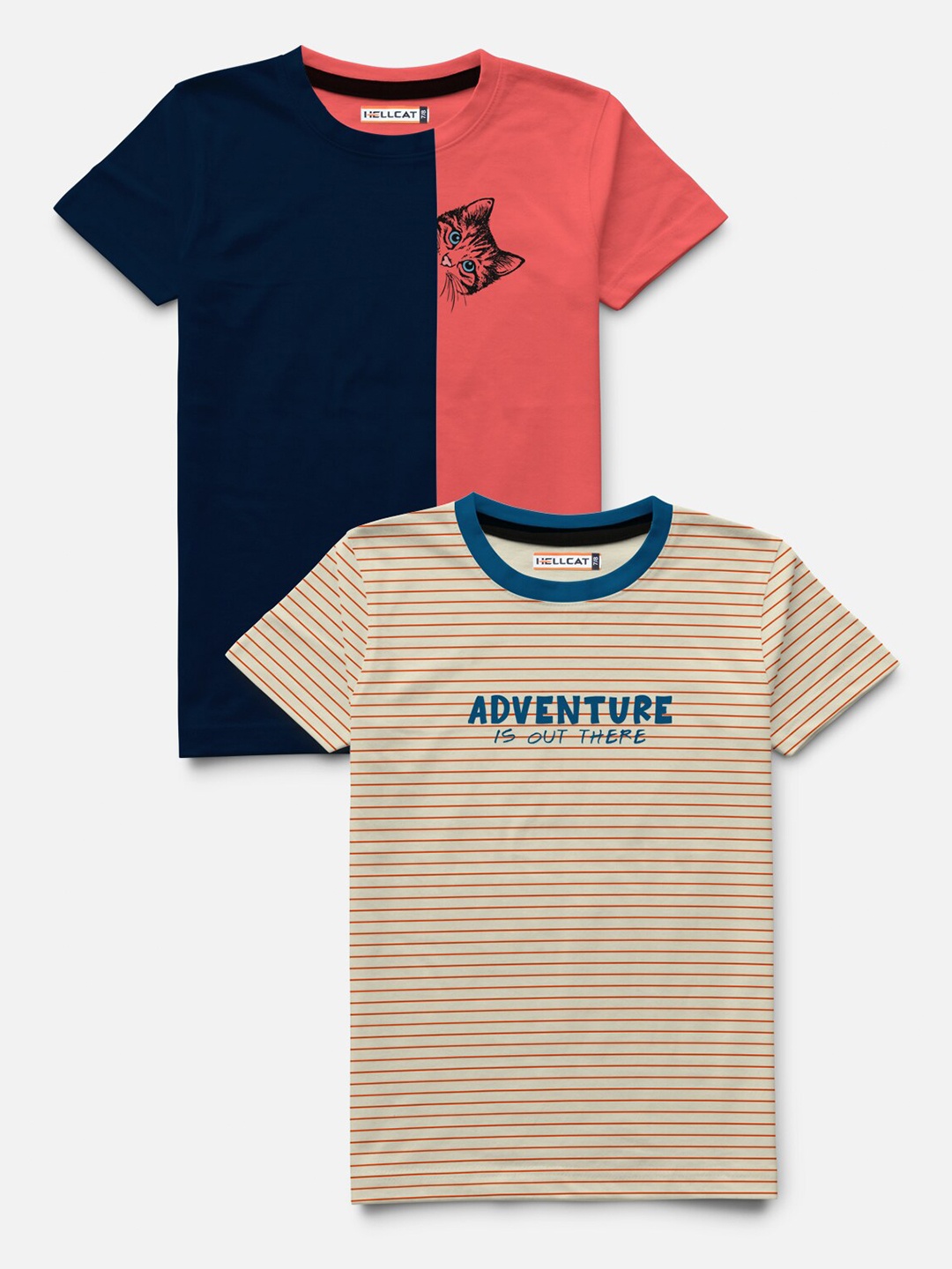 HELLCAT Boys Pack of 2 Coral Beige Printed Bio Finish T-shirt