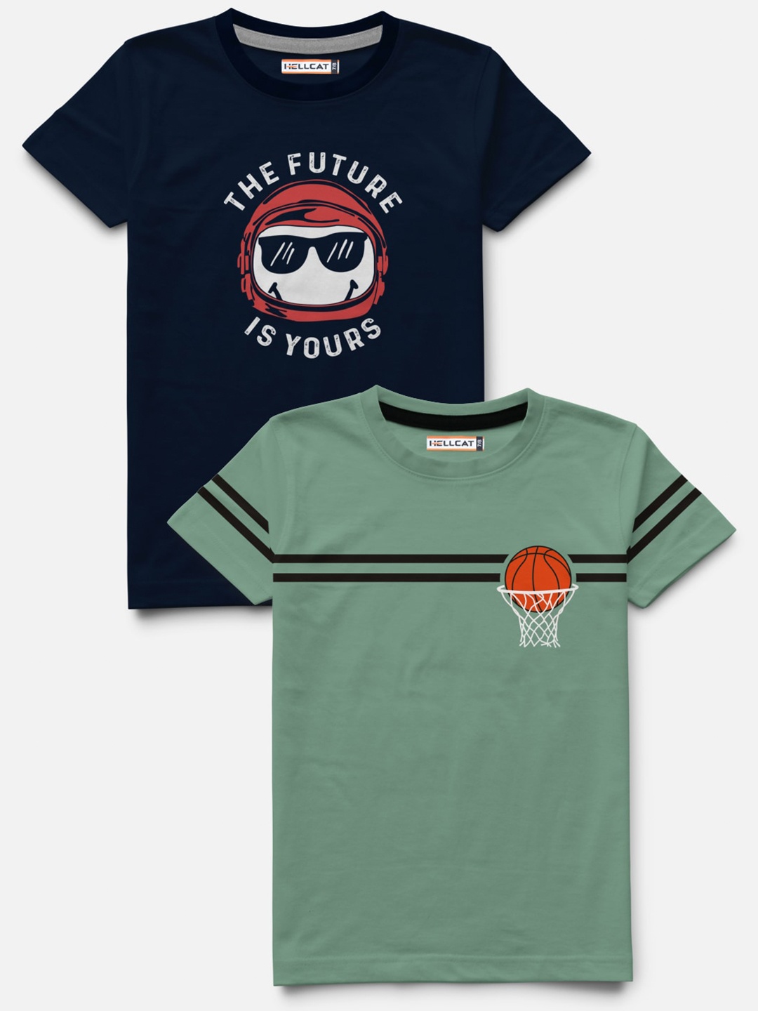 

HELLCAT Boys Pack of 2 Navy Blue & Green Printed Bio Finish T-shirts