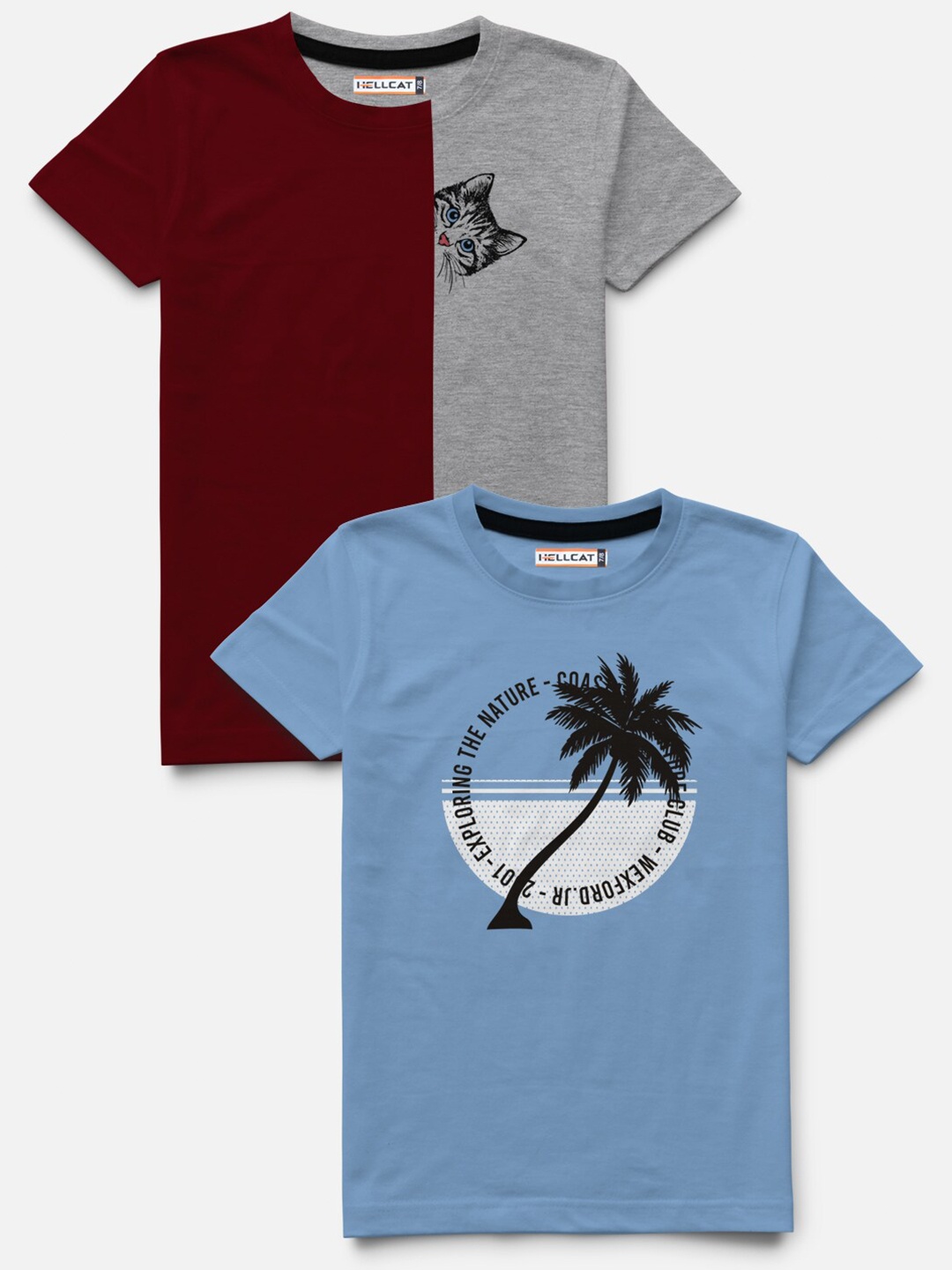 HELLCAT Boys Pack Of 2 Cotton Printed T-shirt, Maroon