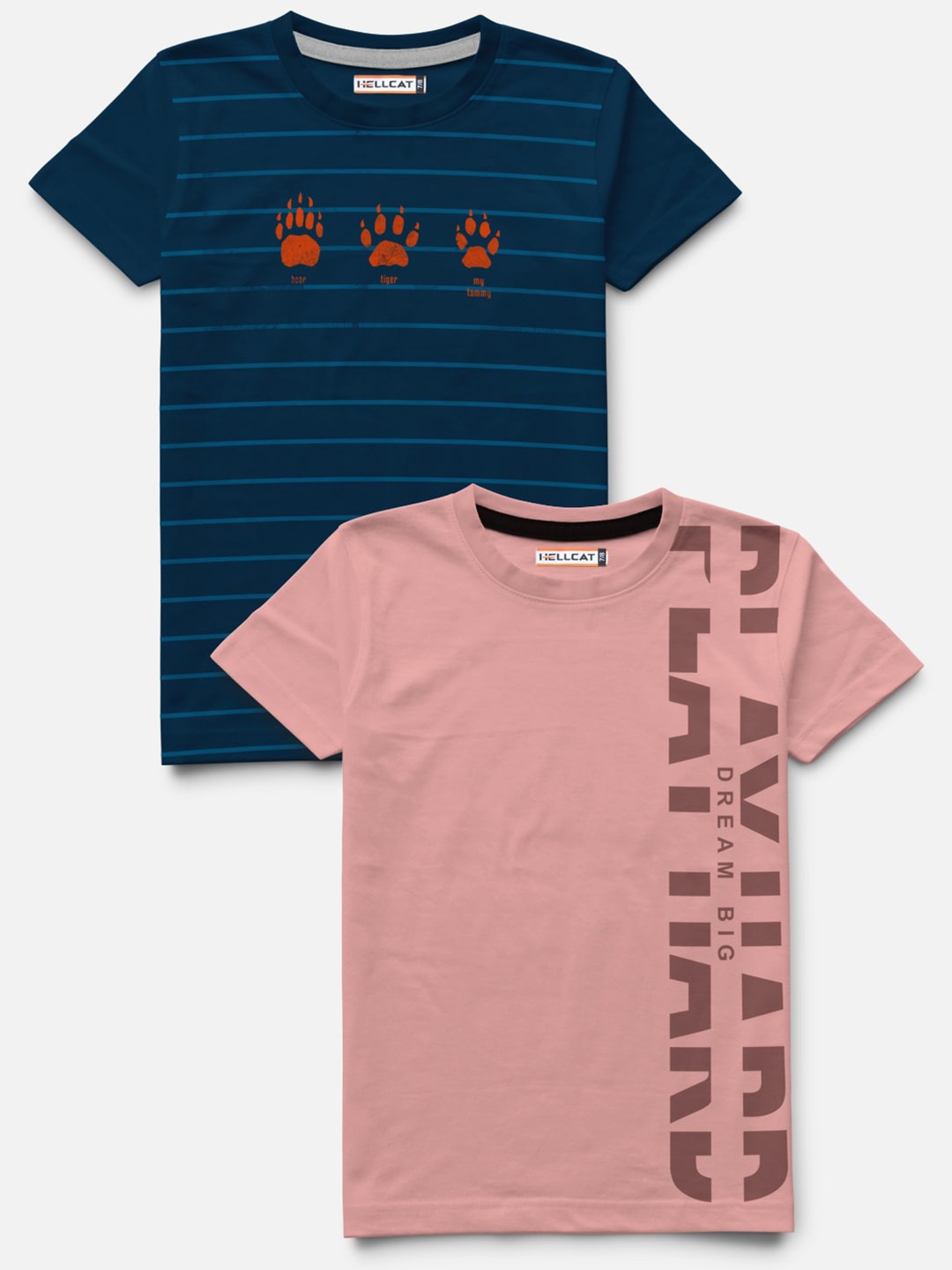 

HELLCAT Set Of 2 Boys Navy Blue & Pink Striped Bio Finish T-shirt