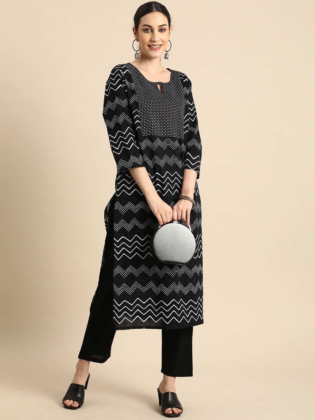 

Anouk Women Black Printed Pure Cotton Kurta with Trousers