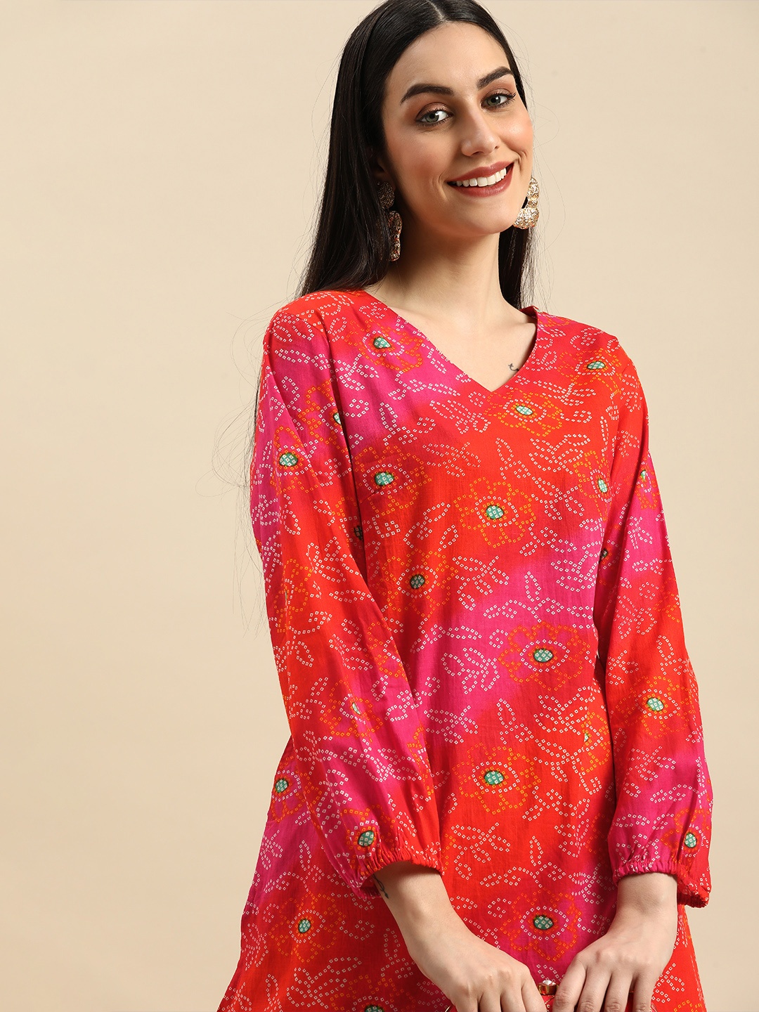 

Anouk Women Orange & Pink Bandhani Printed Kurta