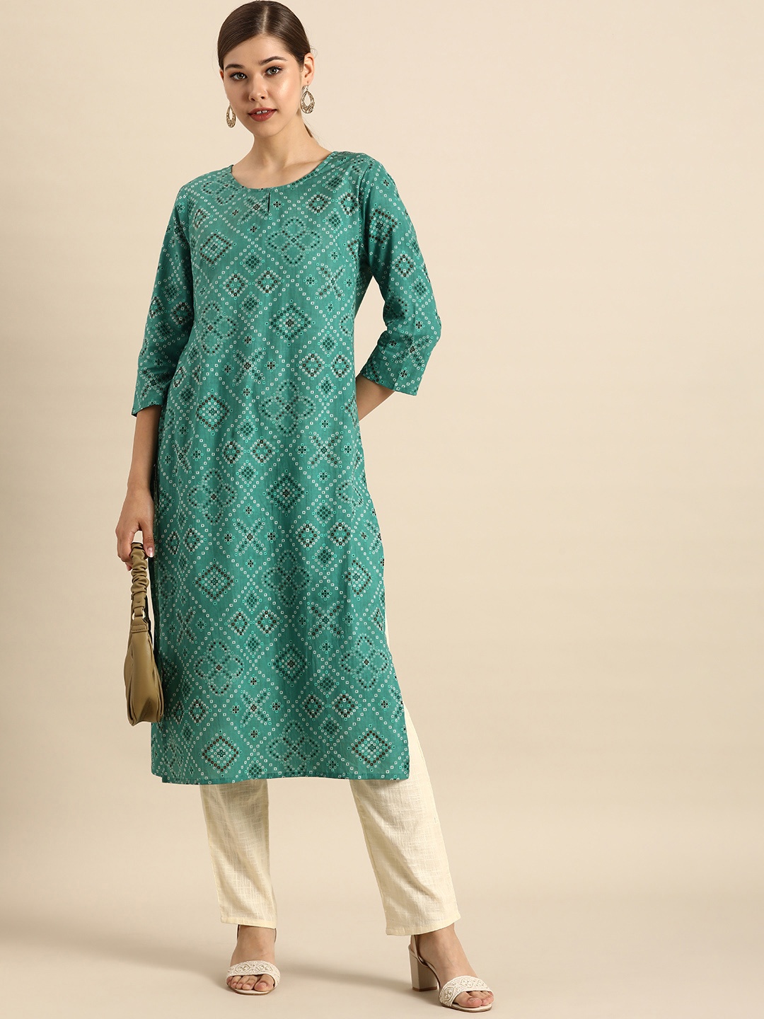 

Anouk Women Green Bandhani Print Pure Cotton Straight Kurta