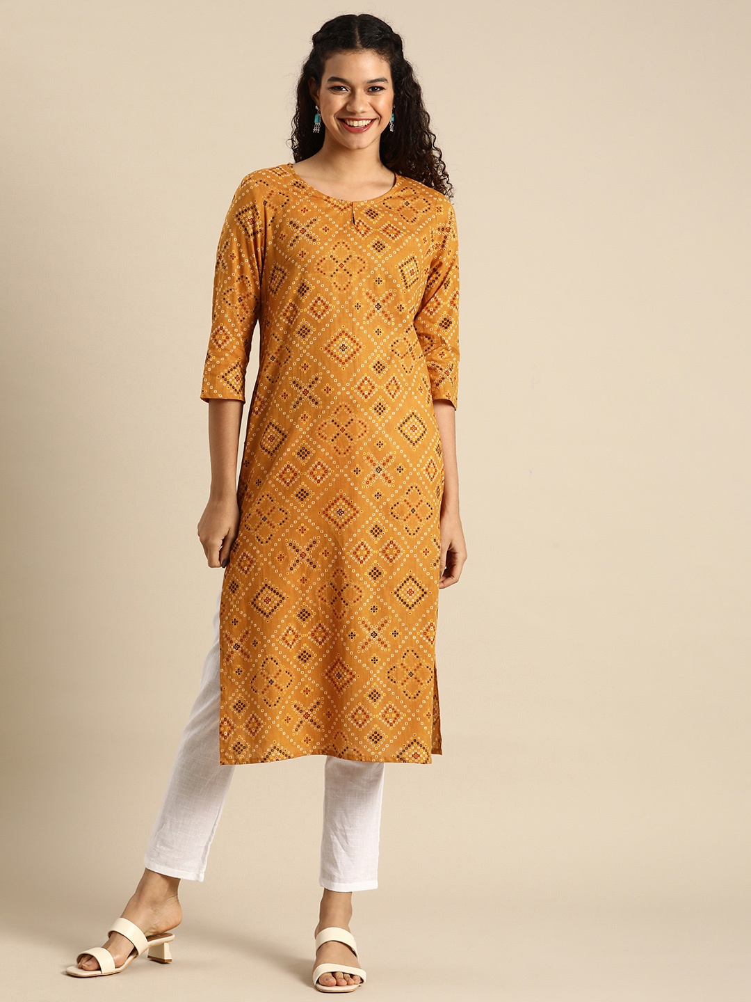 

Anouk Women Mustard Yellow & Multicoloured Bandhani Printed Keyhole Neck Kurta