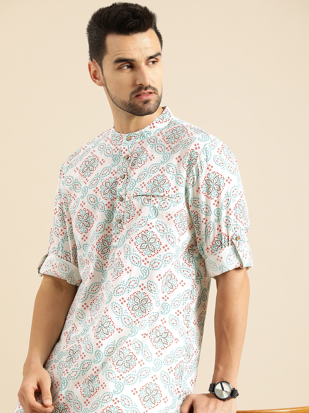 

Anouk Men White Bandhani Printed Pure Cotton Kurta with Trousers