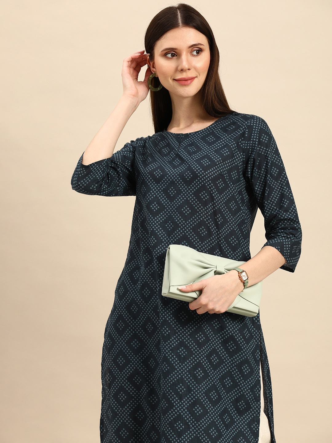 

Anouk Women Blue Bandhani Printed Pure Cotton Kurta