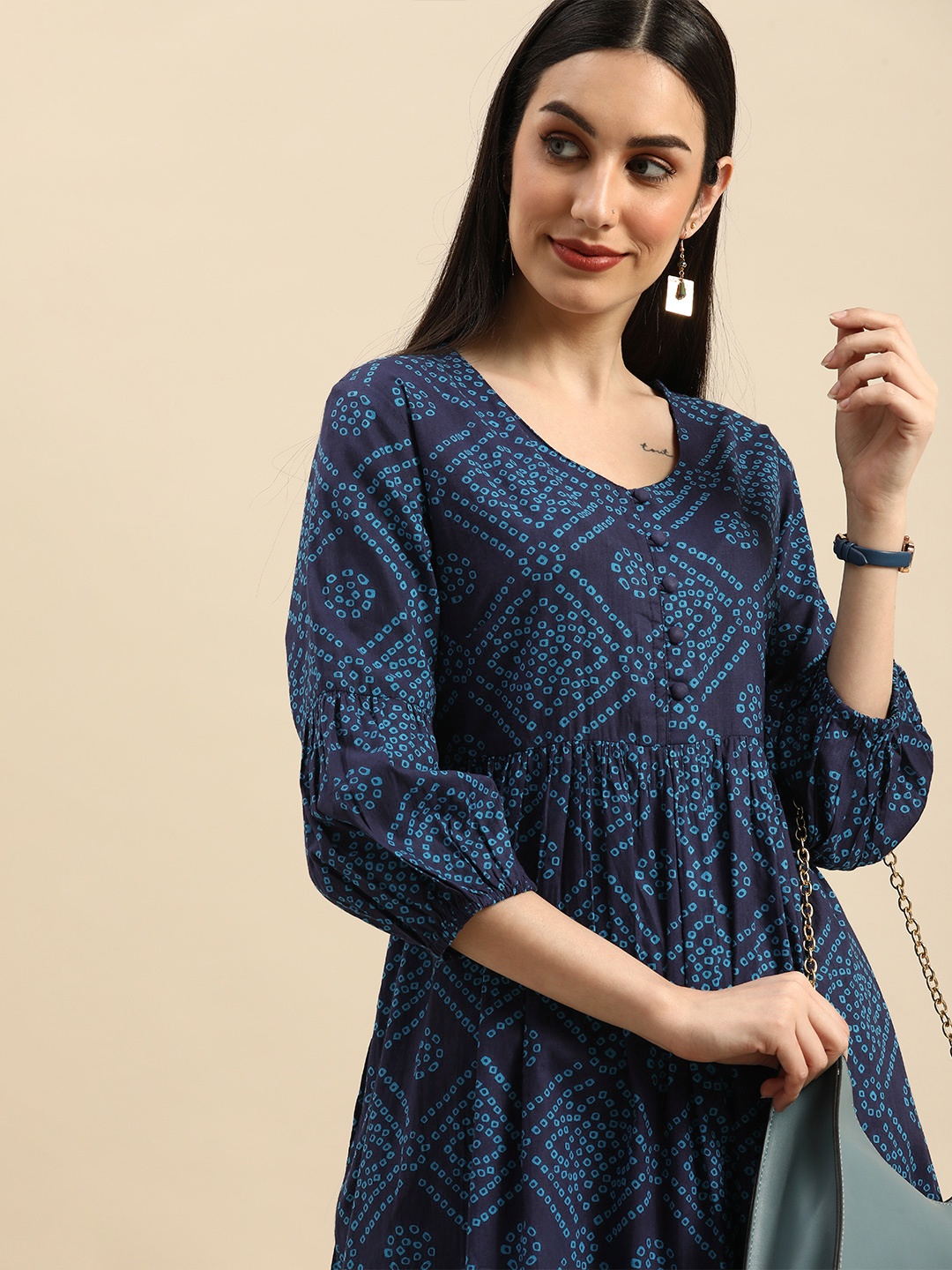 

Anouk Blue Bandhani Print Ethnic A-Line Dress