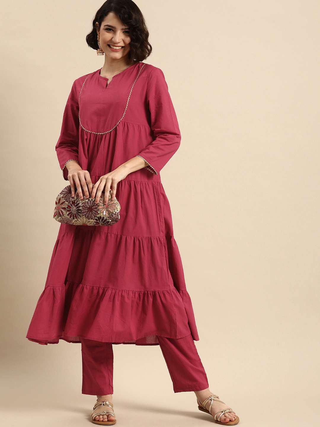 

Anouk Women Maroon Tiered Pure Cotton Kurta with Trousers