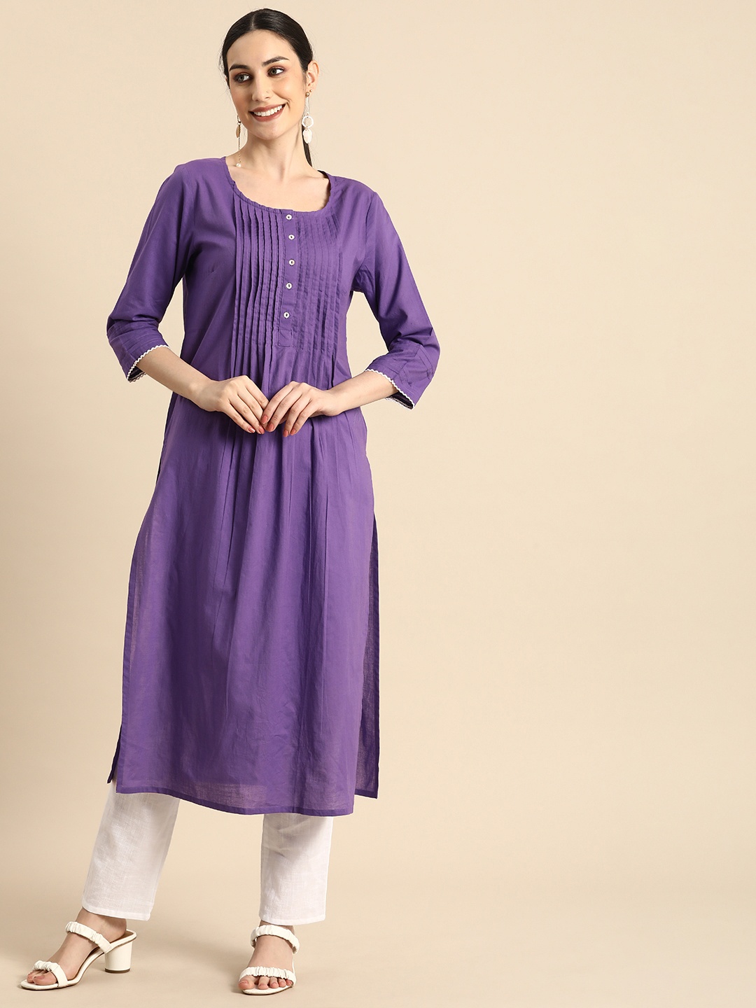 

Anouk Women Purple Solid Pleated Casual Kurta