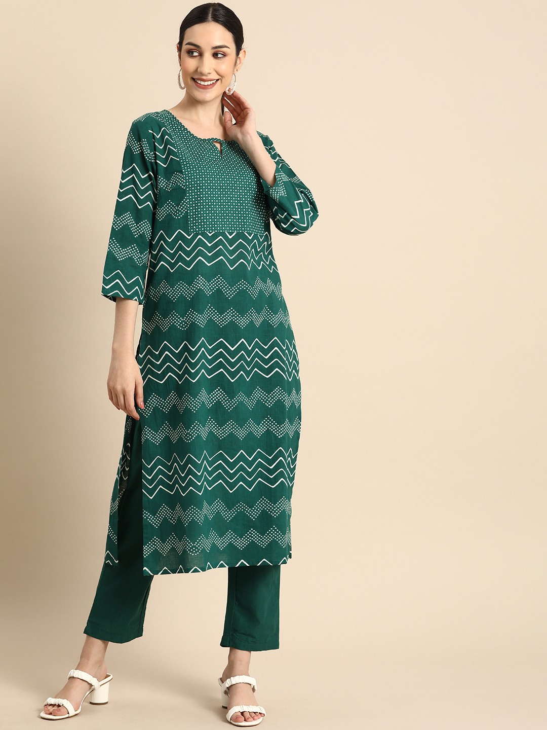 

Anouk Women Green Printed Pure Cotton Kurta with Trousers