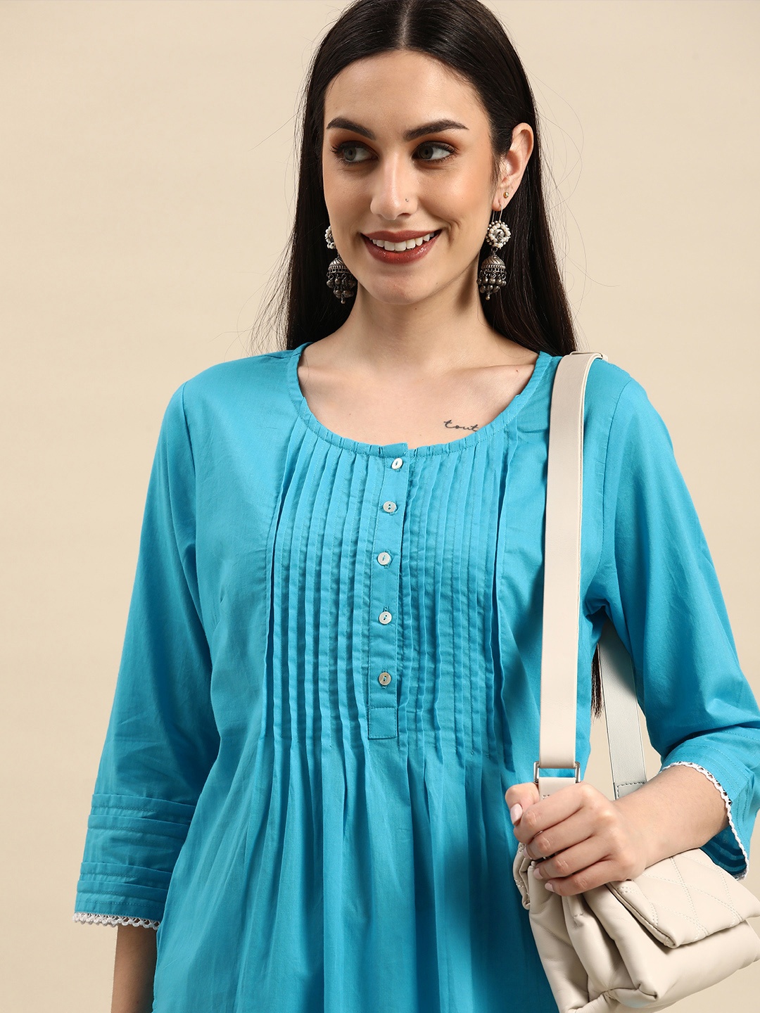 

Anouk Women Blue Solid Pleated Pure Cotton Kurta