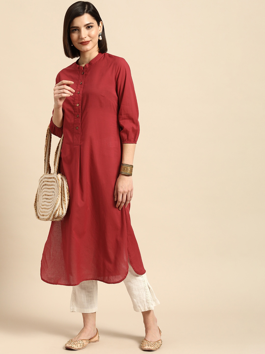 

Anouk Women Maroon Solid Pure Cotton Kurta