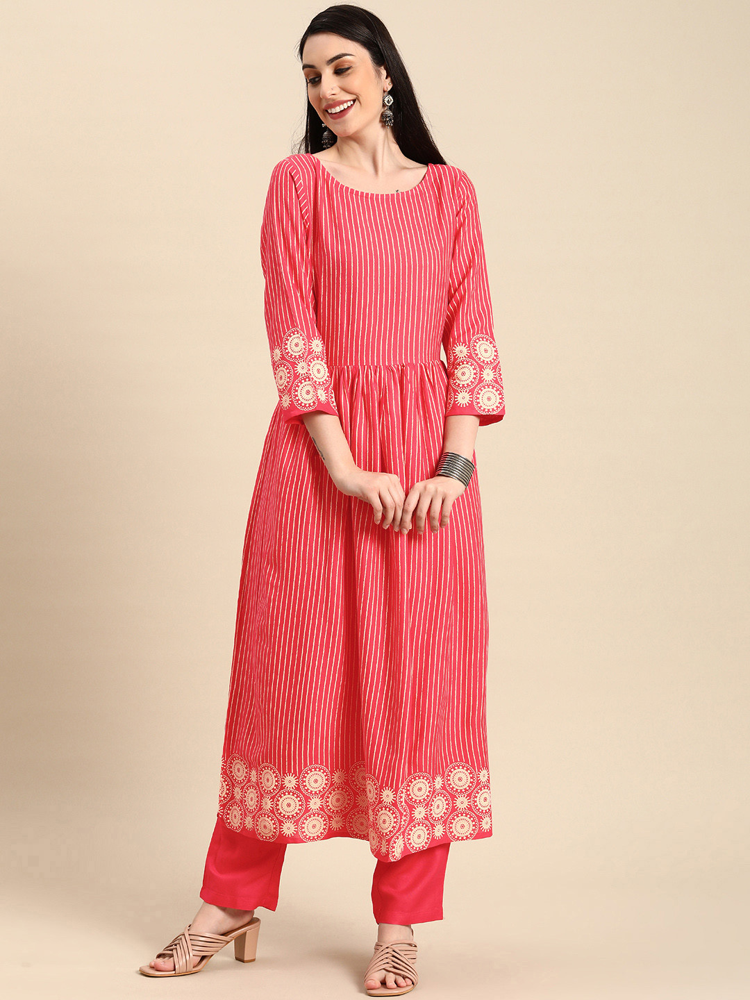 

Anouk Women Pink & White Striped Pleated Kurta with Trousers