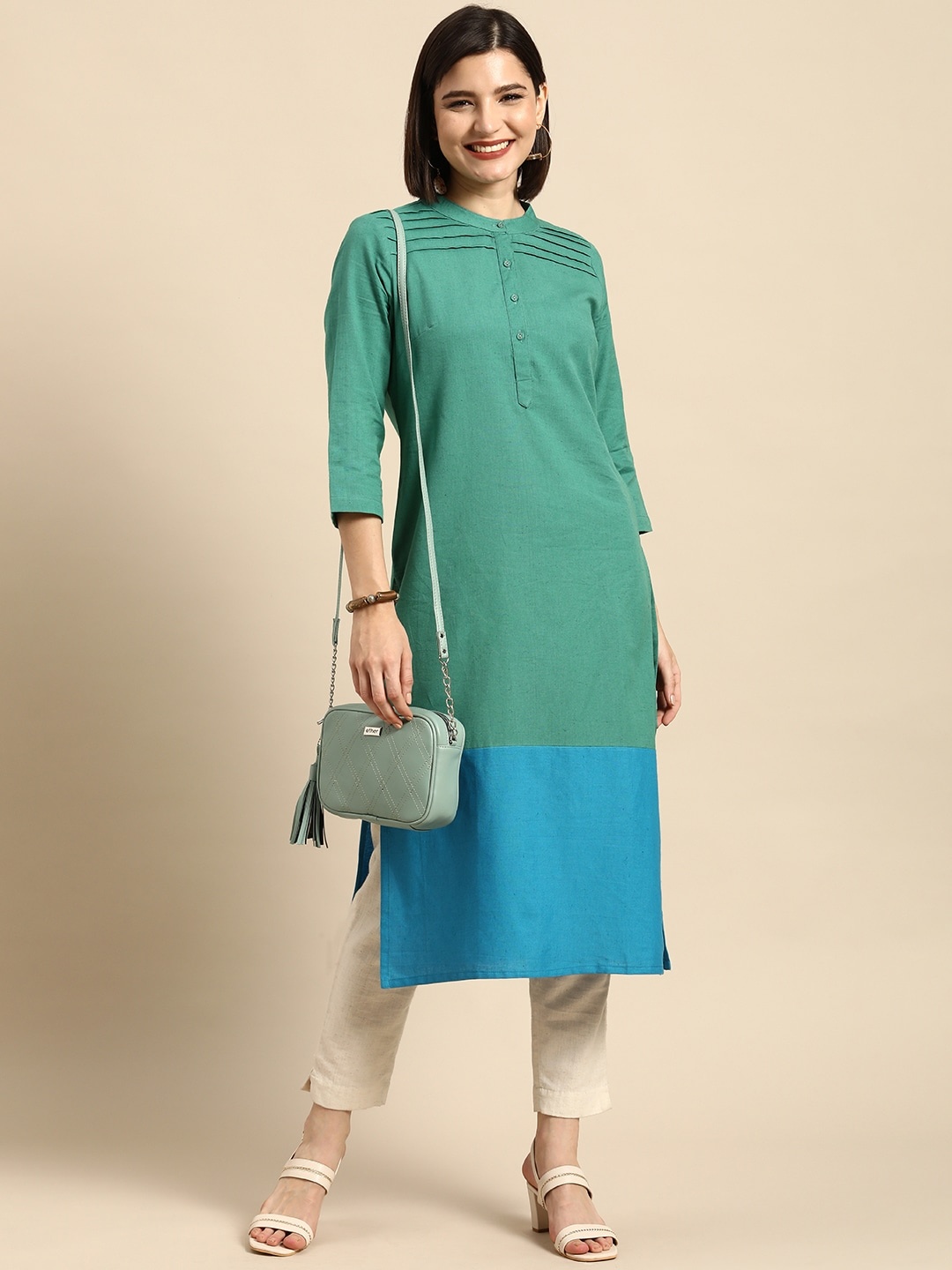 

Anouk Women Green & Blue Colourblocked Kurta