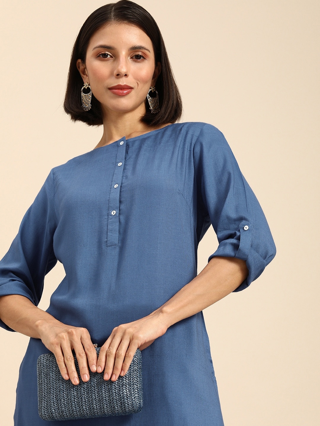

Anouk Women Blue Roll-Up Sleeves Kurta
