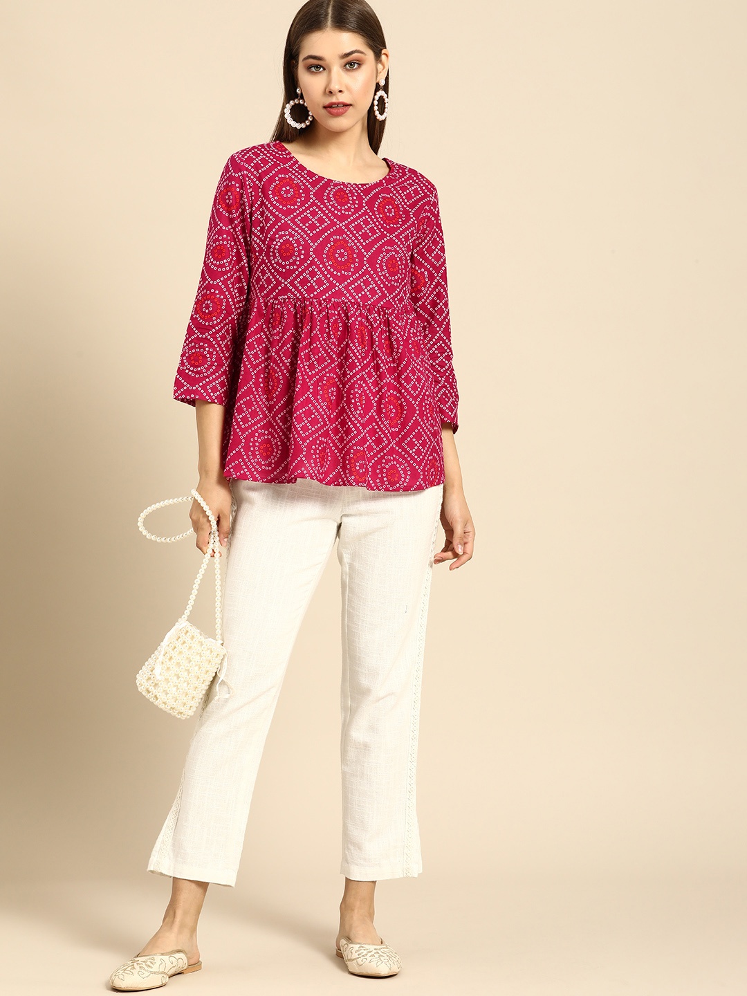 

Anouk Fuchsia & White Bandhani Print Casual Peplum Top