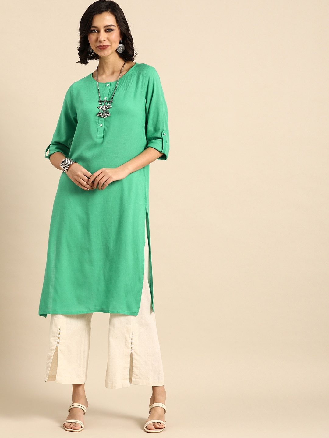 

Anouk Women Green Solid Pure Cotton Regular Kurta