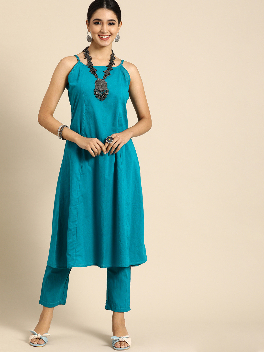 

Anouk Women Blue Solid Shoulder Straped A-Line Pure Cotton Kurta with Trousers