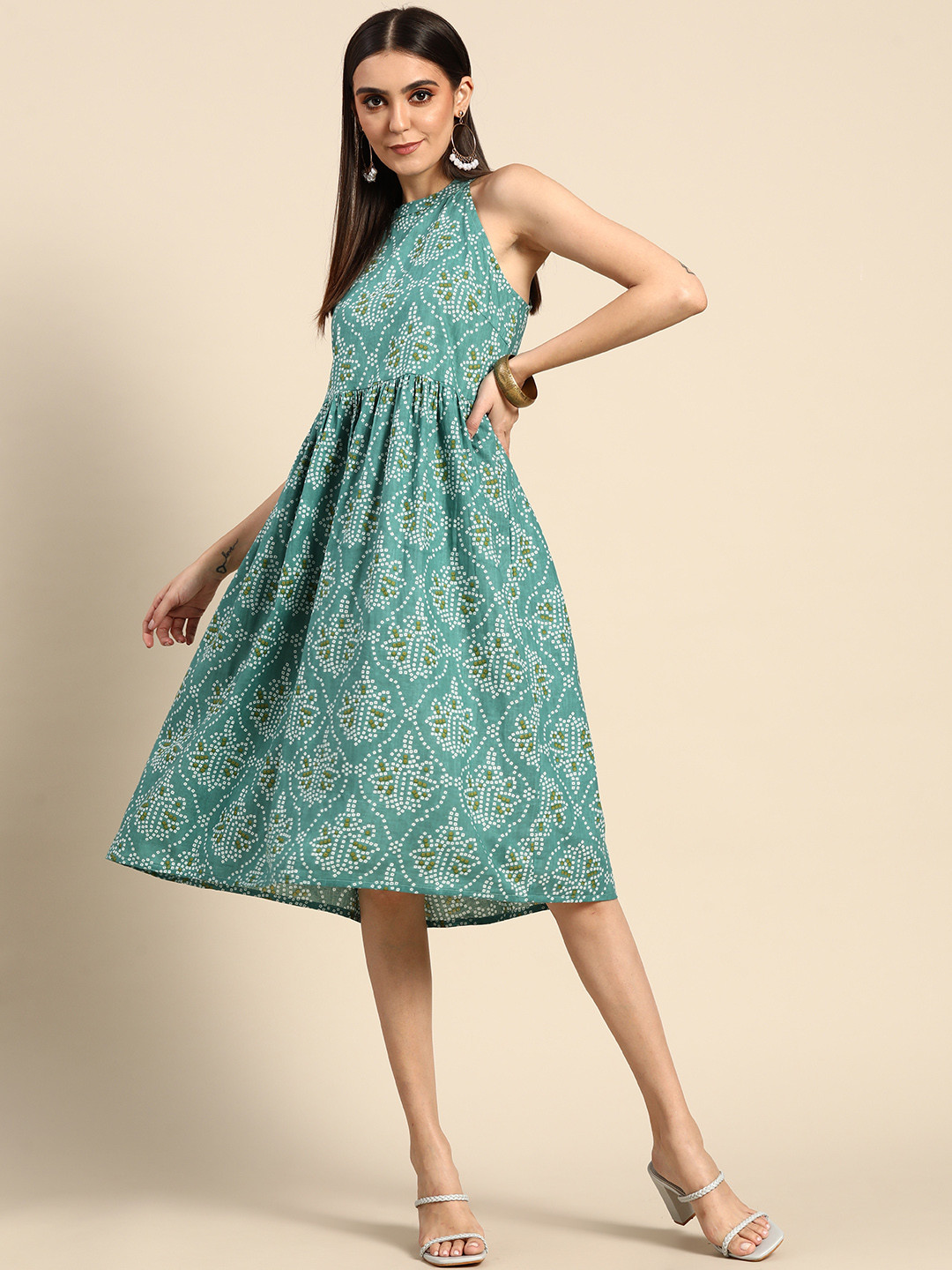 

Anouk Teal Green & White Bandhani Printed Ethnic Pure Cotton A-Line Dress with Gathers