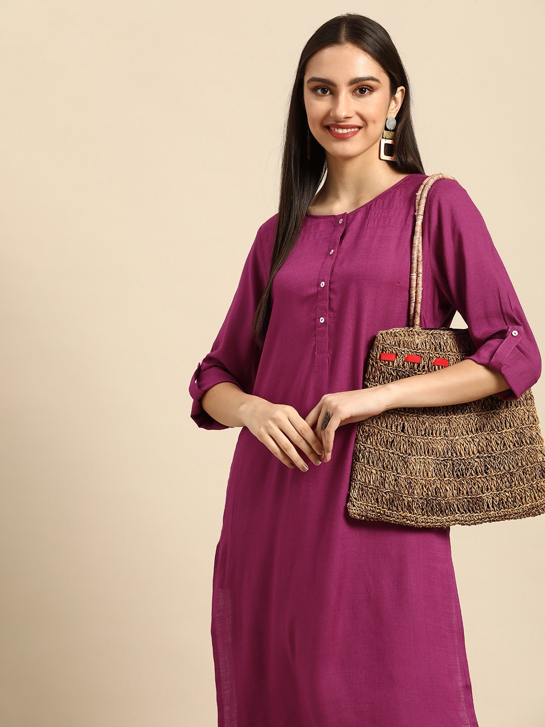 

Anouk Women Magenta Solid Round-Neck A-Line Kurta