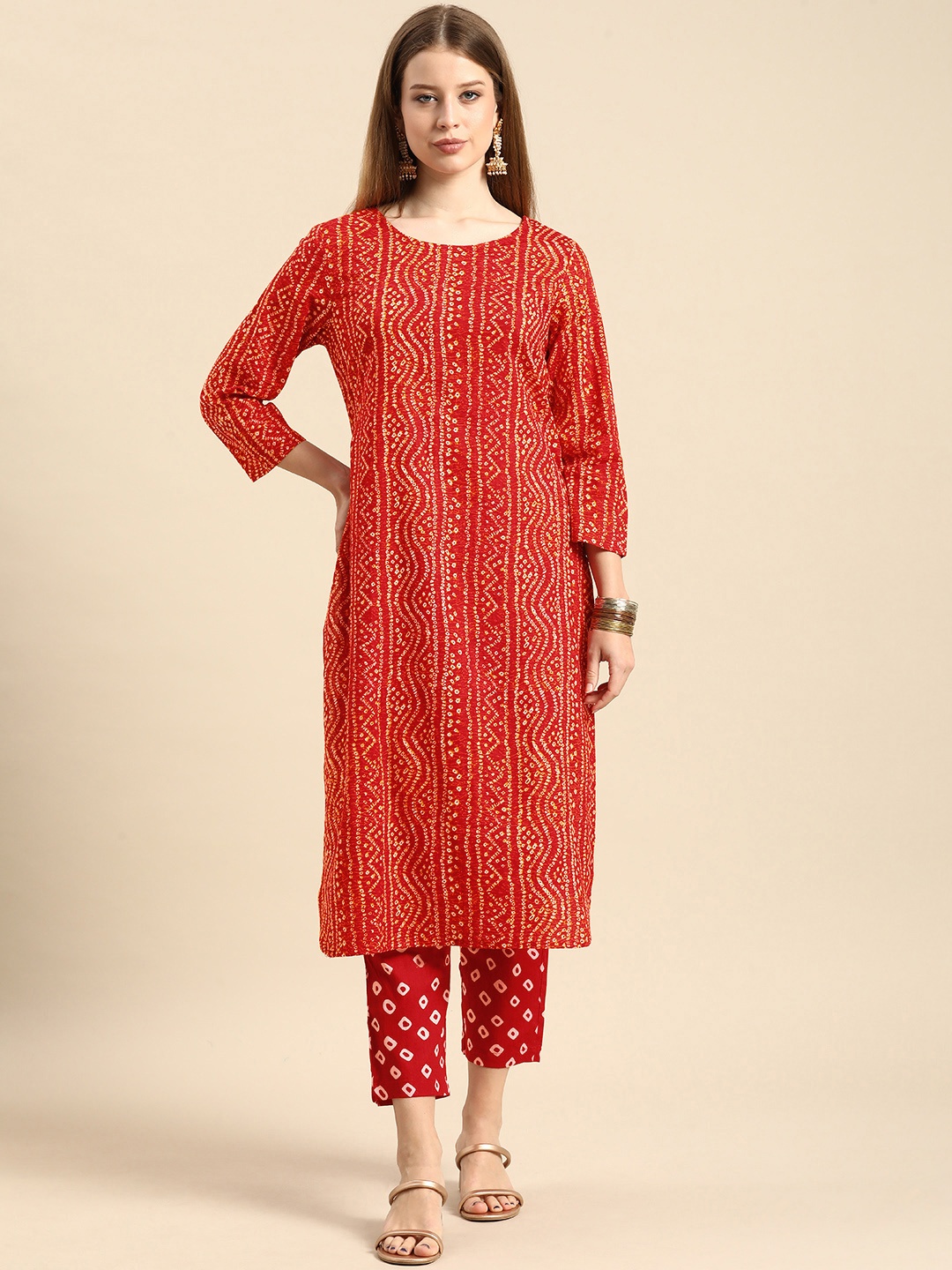 

Anouk Women Red Bandhani Printed Pure Cotton Kurta with Trousers