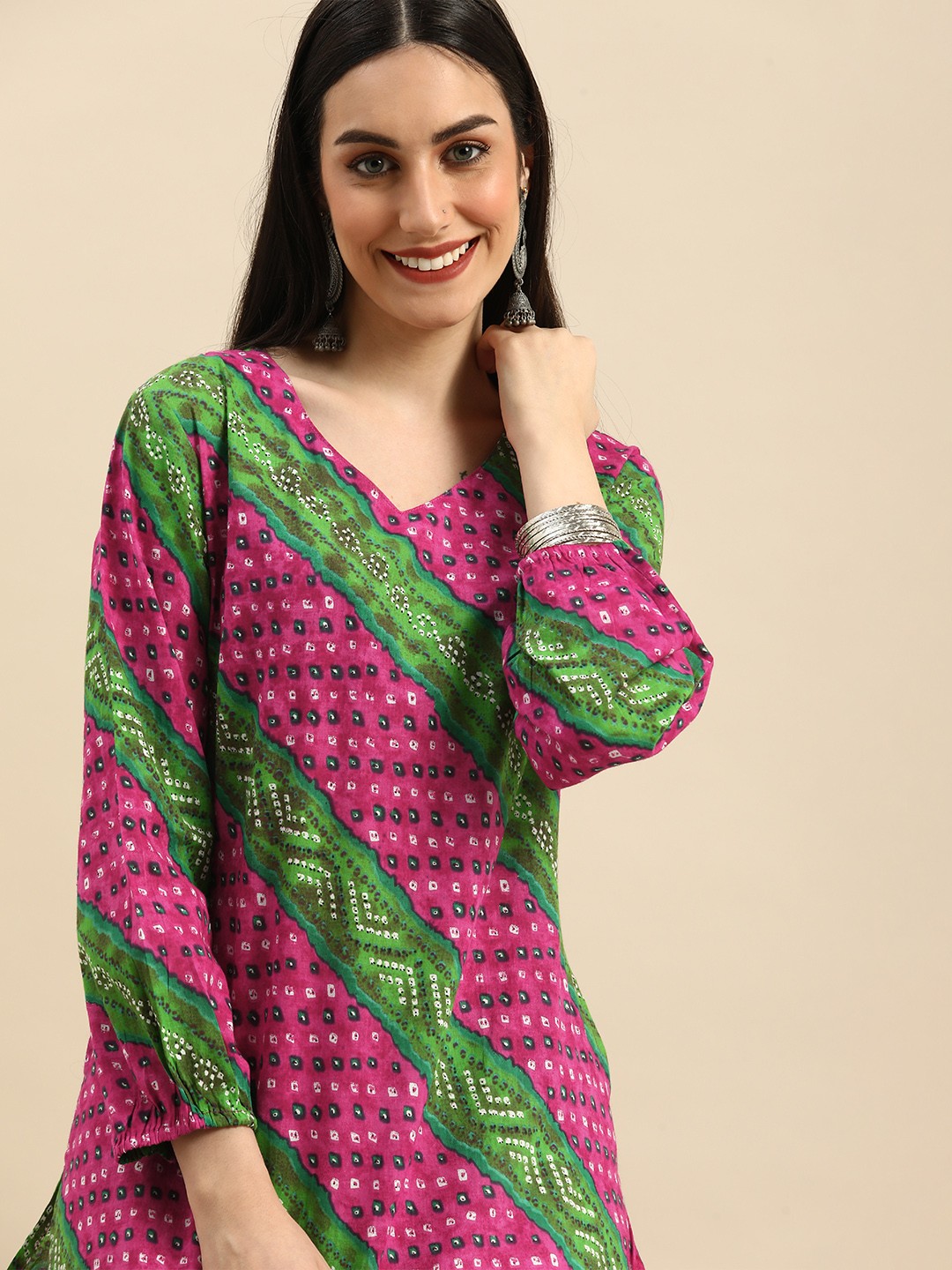 

Anouk Women Pink & Green Bandhani Printed Pure Cotton Kurta