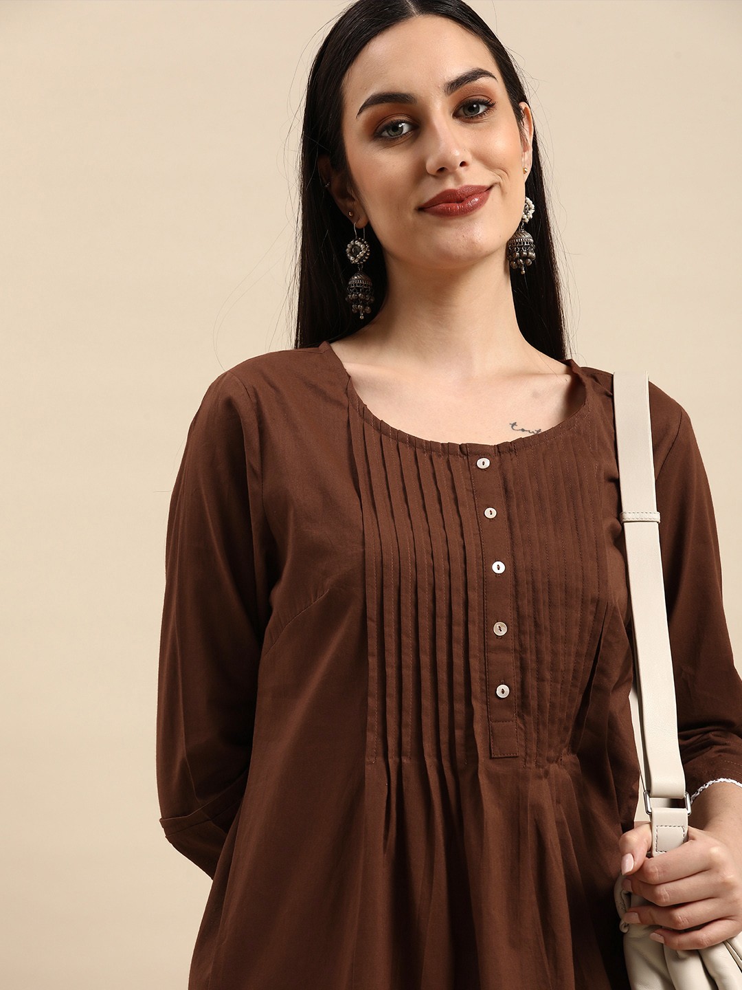 

Anouk Women Brown Pleated Pure Cotton Kurta
