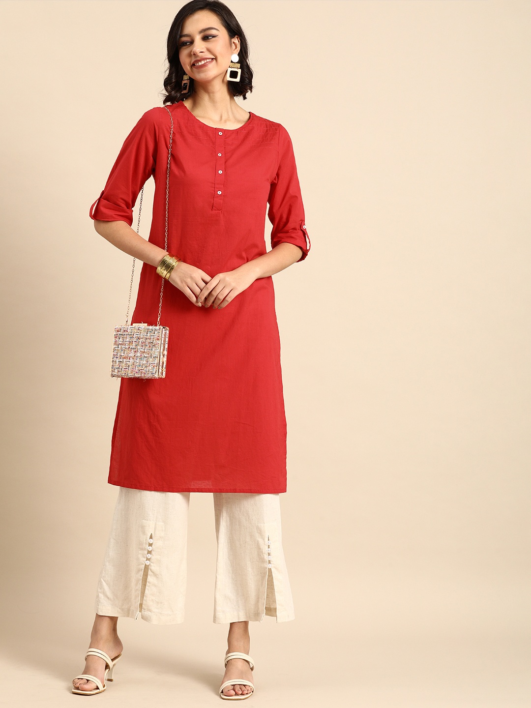 

Anouk Women Red Solid Pure Cotton Regular Kurta