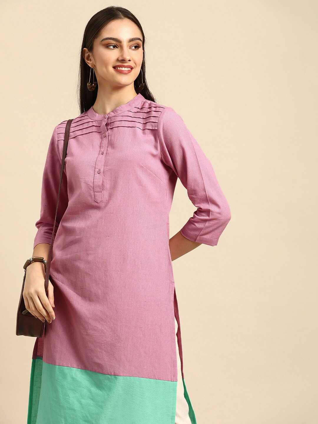 

Anouk Women Lavender & Sea Green Colourblocked Cotton Linen Kurta