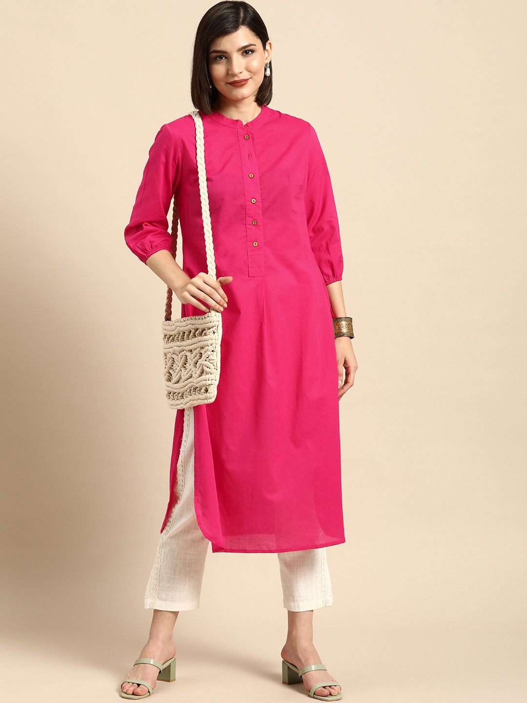 

Anouk Women Pink Solid Pure Cotton Kurta