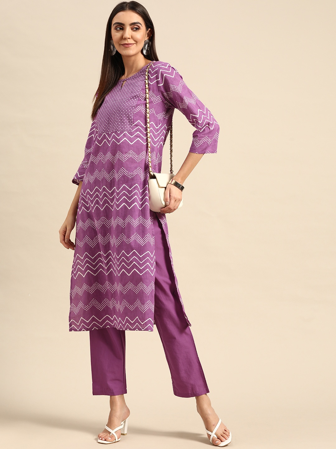 

Anouk Women Purple & White Ethnic Motifs Printed Pure Cotton Kurta with Trousers