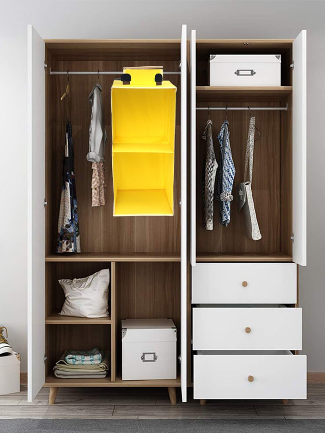 

Kids Clan Kids Yellow Solid Shelves Hanging Wardrobe Organsier