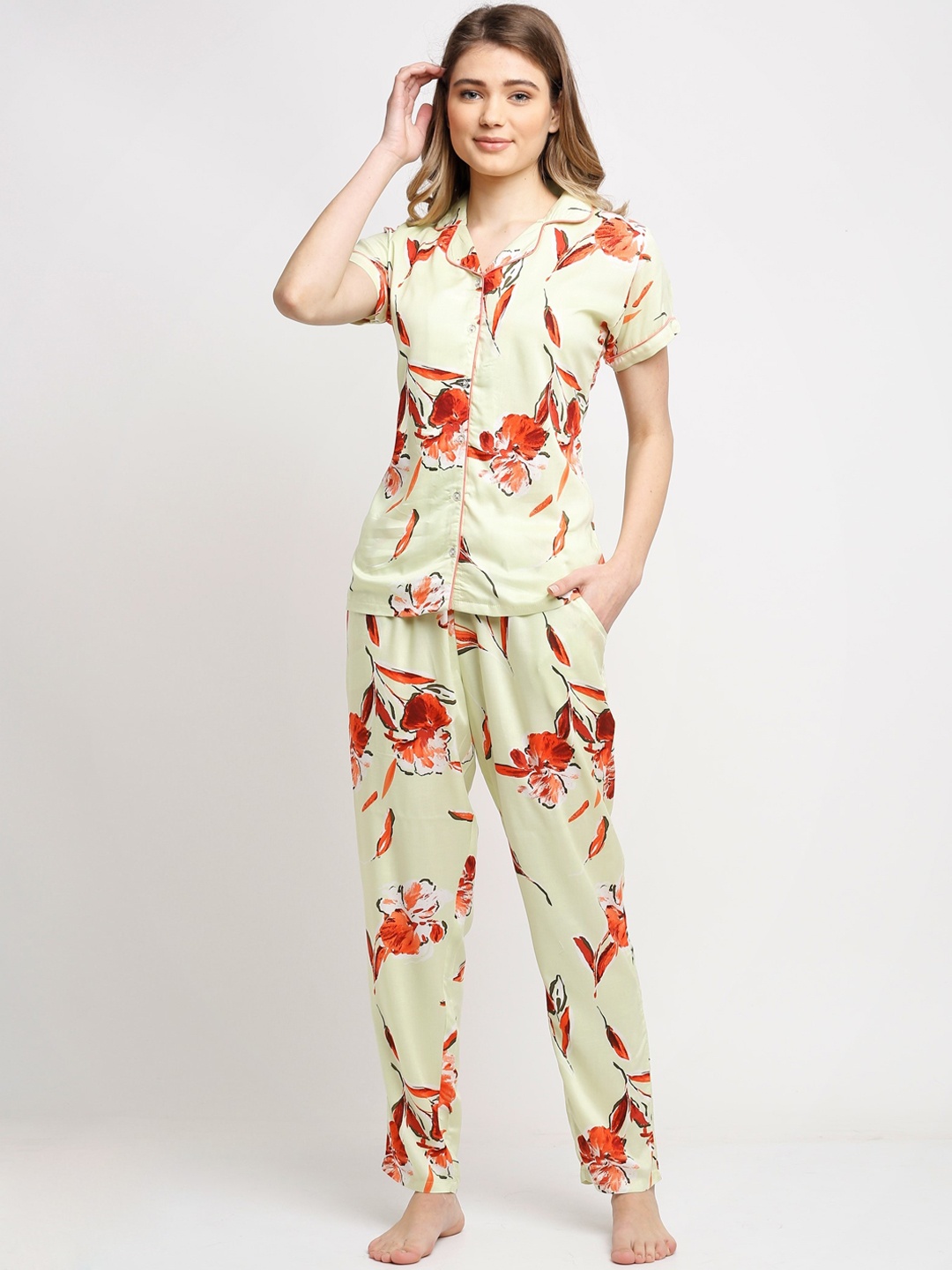 

Claura Women Green & Orange Floral Printed Cotton Night suit