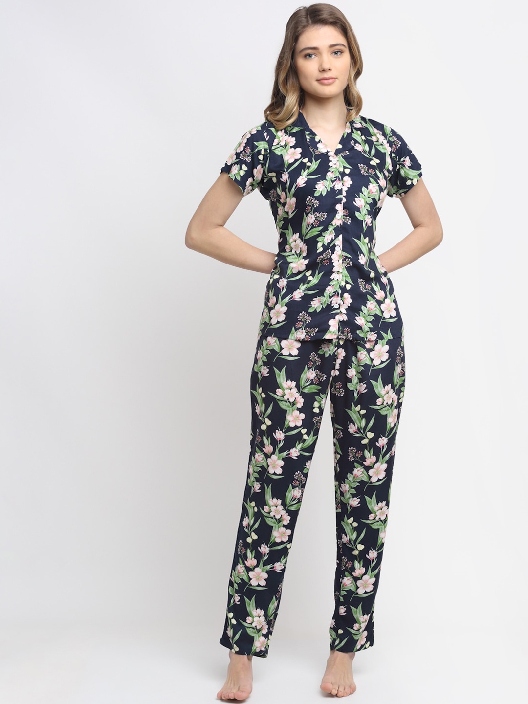 

Claura Women Navy Blue & Pink Floral Printed Night suit