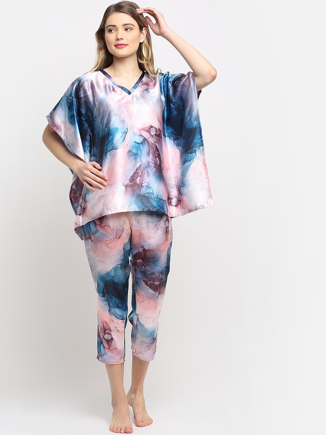 

Claura Women Pink & Blue Printed Satin Kaftan Night suit